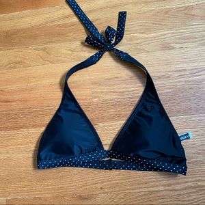 ROXY black triangle bikini top with polka dot band and ties. Size L.